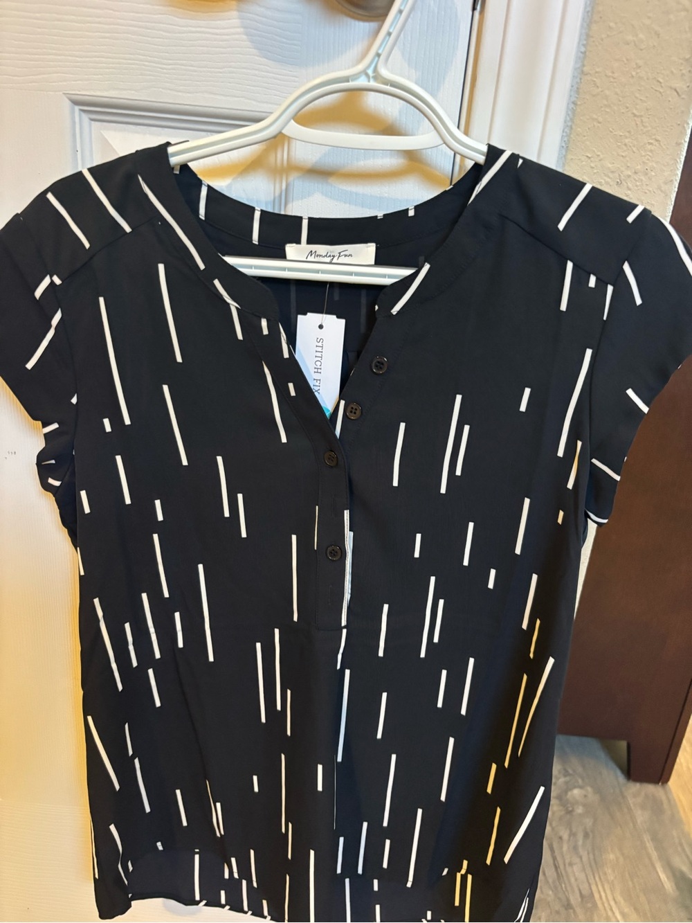 Black Split-Neck Button Front Top with White Stripe Print